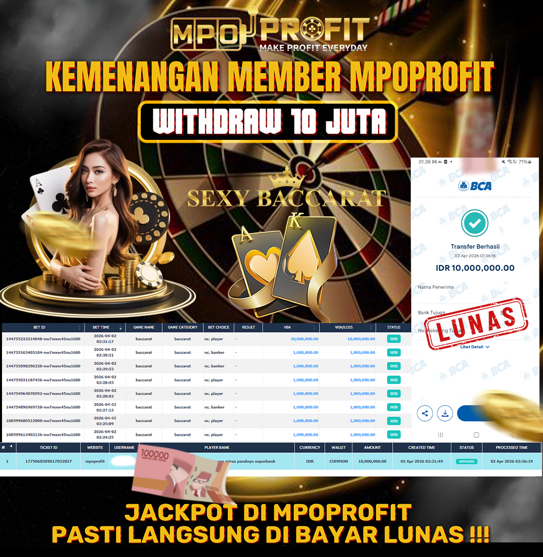 MPOPROFIT JACKPOT LIVE CASINO SA GAMING! KEMENANGAN MURNI DI (BACCARAT TOTAL RP 10.000.000,- LUNAS)